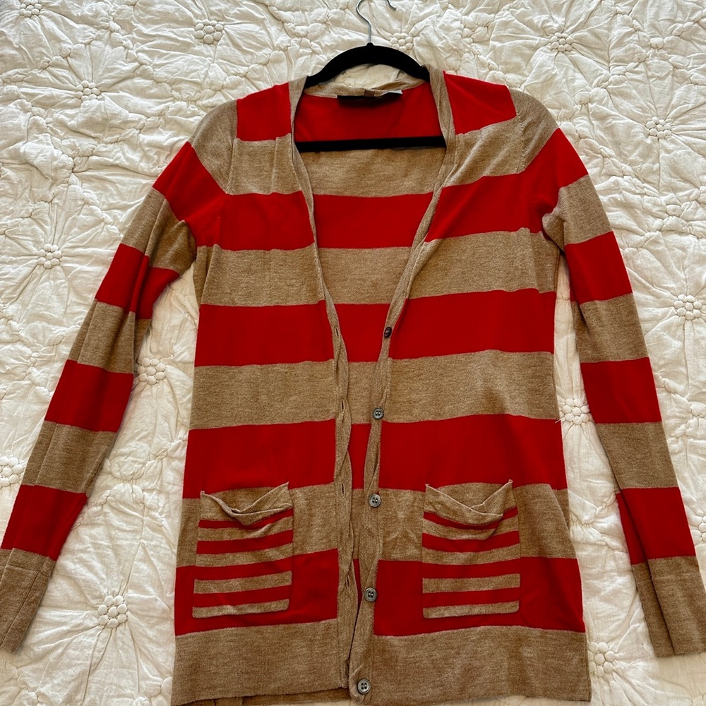 Chic Striped Red and Tan Cardigan